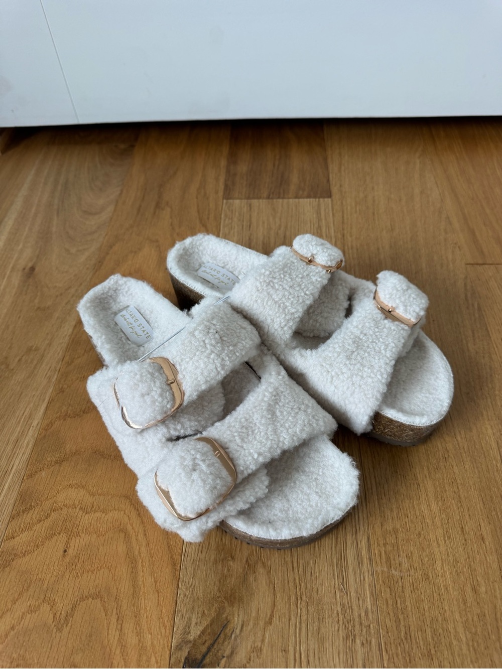 Altar'd State Cream Sherpa Buckle Slide Sandals